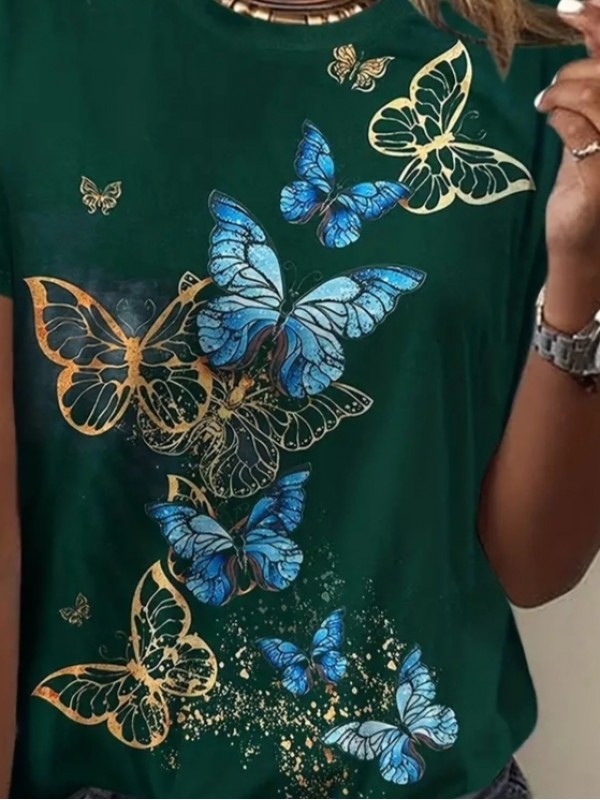 Kadın Kısa Kollu Mavi Sarı Kelebek Baskı Süprem Bluz, 23801